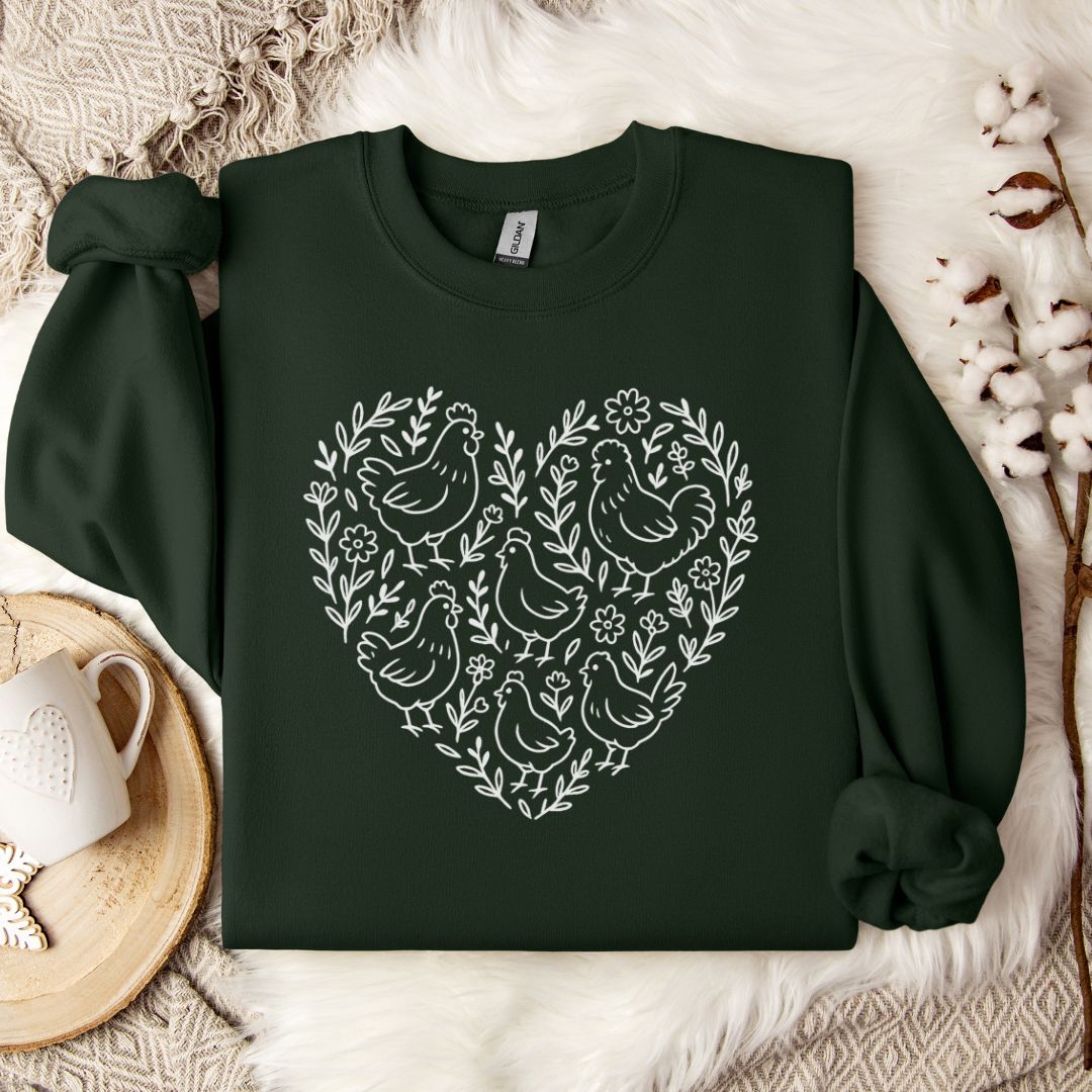 Farmhouse Chicken Sweatshirt – Floral Heart Pullover for Chicken Moms & Country Living Lovers