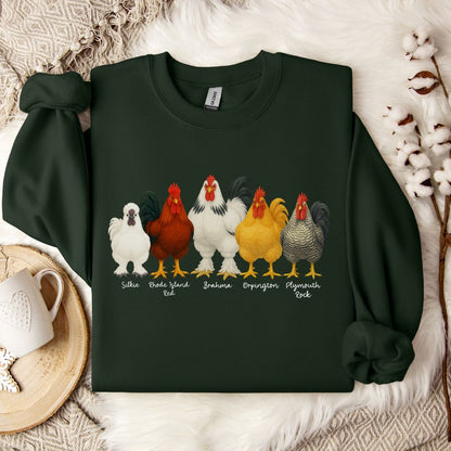 Rooster Lineup Sweatshirt – Silkie, Rhode Island Red, Brahma, Orpington & Plymouth Rock Pullover for Farm Animal Lovers