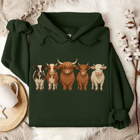 Cow Lover Hoodie – Highland, Holstein & Brown Cow Lineup Pullover for Ranchers & Farm Life Fans