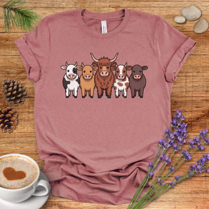 Cartoon Cow Breeds T-Shirt – Cute Farm Animal Lineup Tee with Highland, Dairy & Spotted Cows