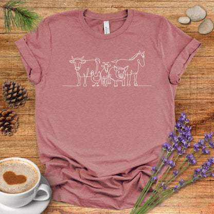 Farm Animal T-Shirt – Minimalist One Line Art Cow, Chicken, Goat, Pig & Horse Barnyard Shirt for Country Living