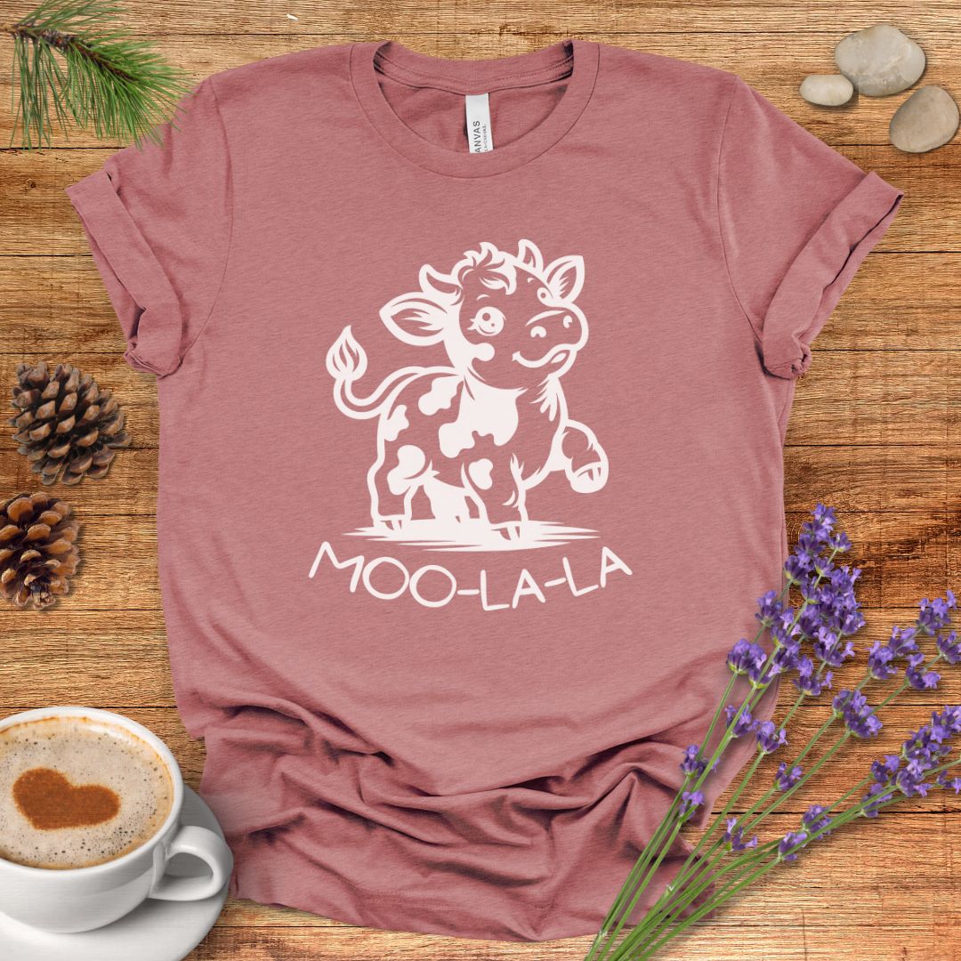 Cute Cow Cartoon T-Shirt – “Moo-La-La” Farm Animal Pun Tee for Rustic Country Living & Cow Lovers