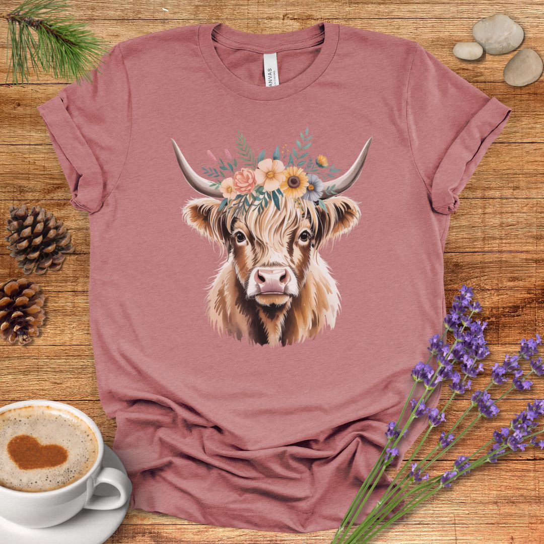 Floral Highland Cow T-Shirt – Rustic Boho Farmhouse Graphic Tee for Country Living & Cow Lovers