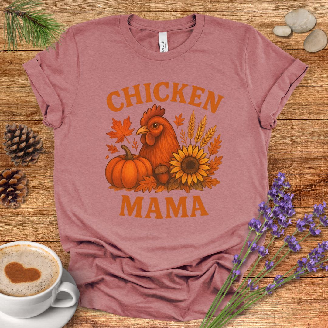 Chicken Mama Fall T-Shirt – Rustic Farmhouse Autumn Tee with Pumpkin, Sunflower & Chicken Design