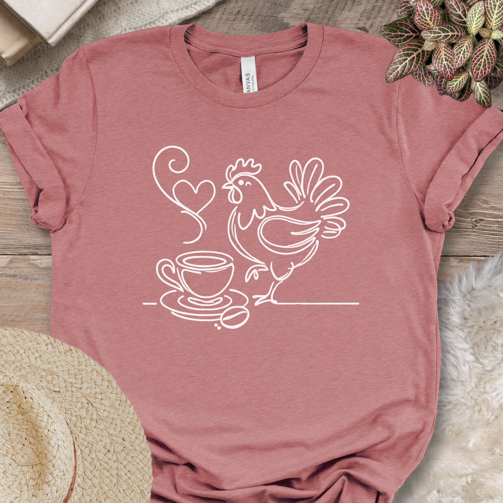 Minimalist Coffee & Chicken Line Art T-Shirt