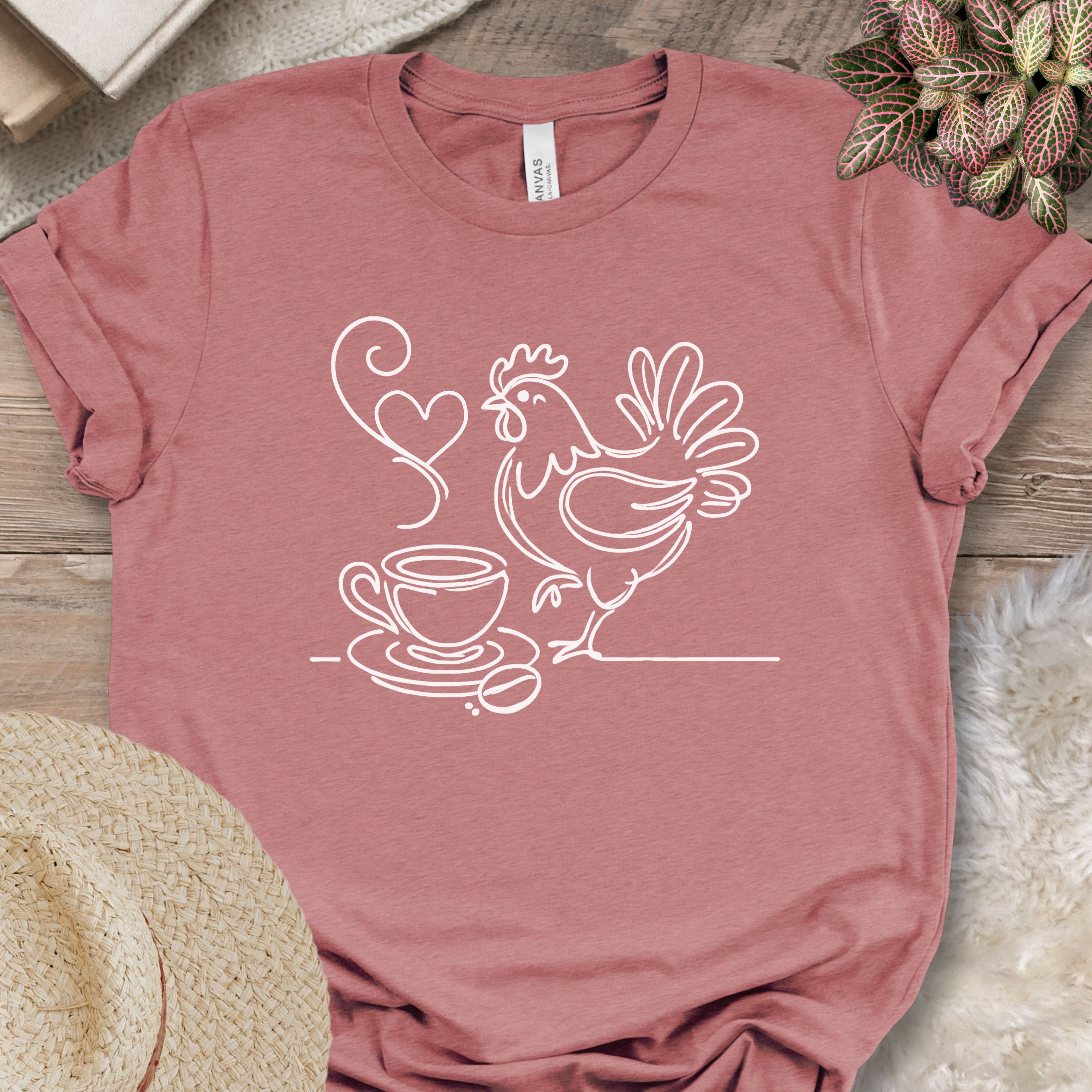 Minimalist Coffee & Chicken Line Art T-Shirt