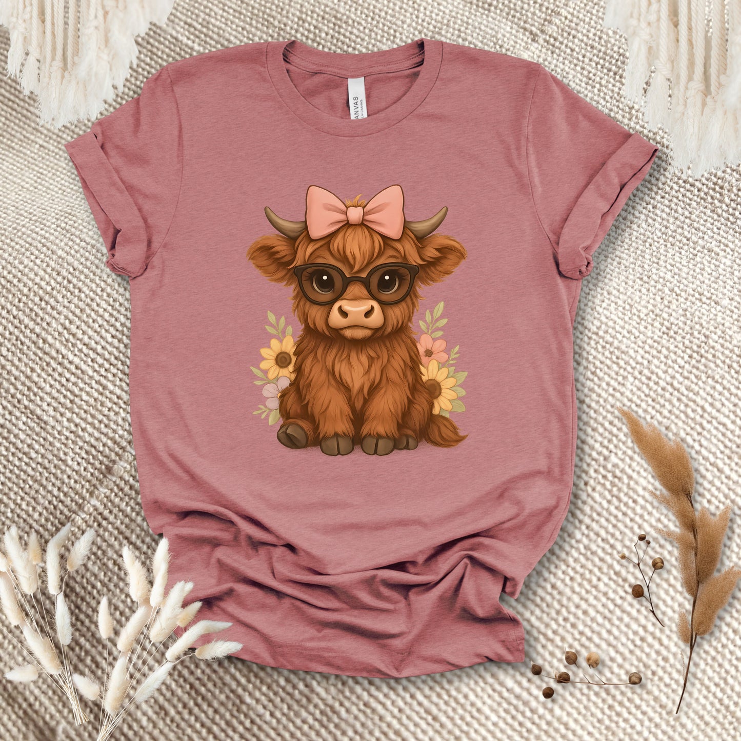 Cute Highland Cow T-Shirt – Floral Cow with Glasses Tee for Cow Lovers