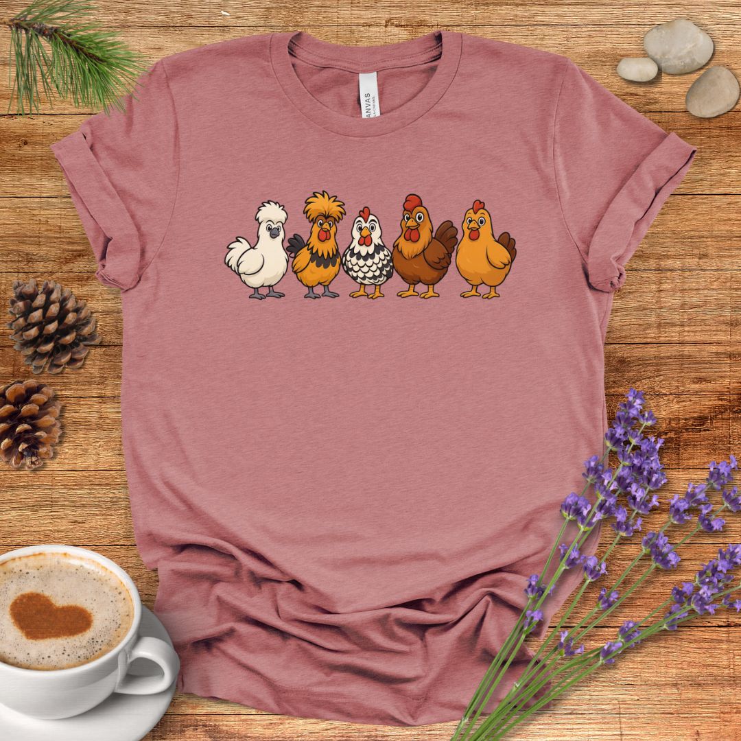 Chicken Breeds T-Shirt – Cartoon Silkie, Polish, Wyandotte, Brahma & Orpington Farm Animal Shirt for Chicken Lovers