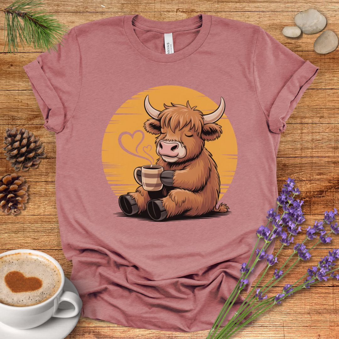 Highland Cow Coffee T-Shirt – Cozy Farmhouse Graphic Tee for Cow Lovers & Rustic Country Life