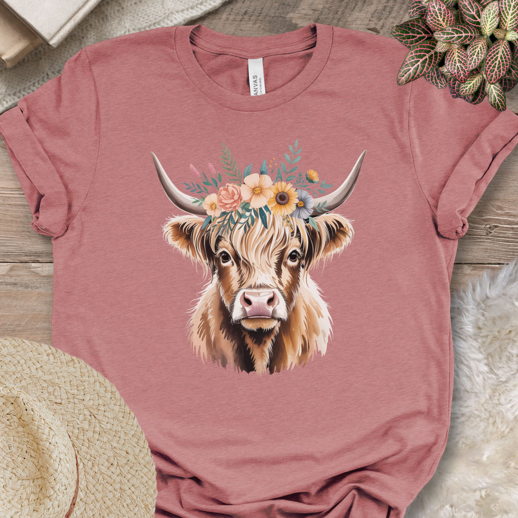 Simple Floral Highland Cow Tee