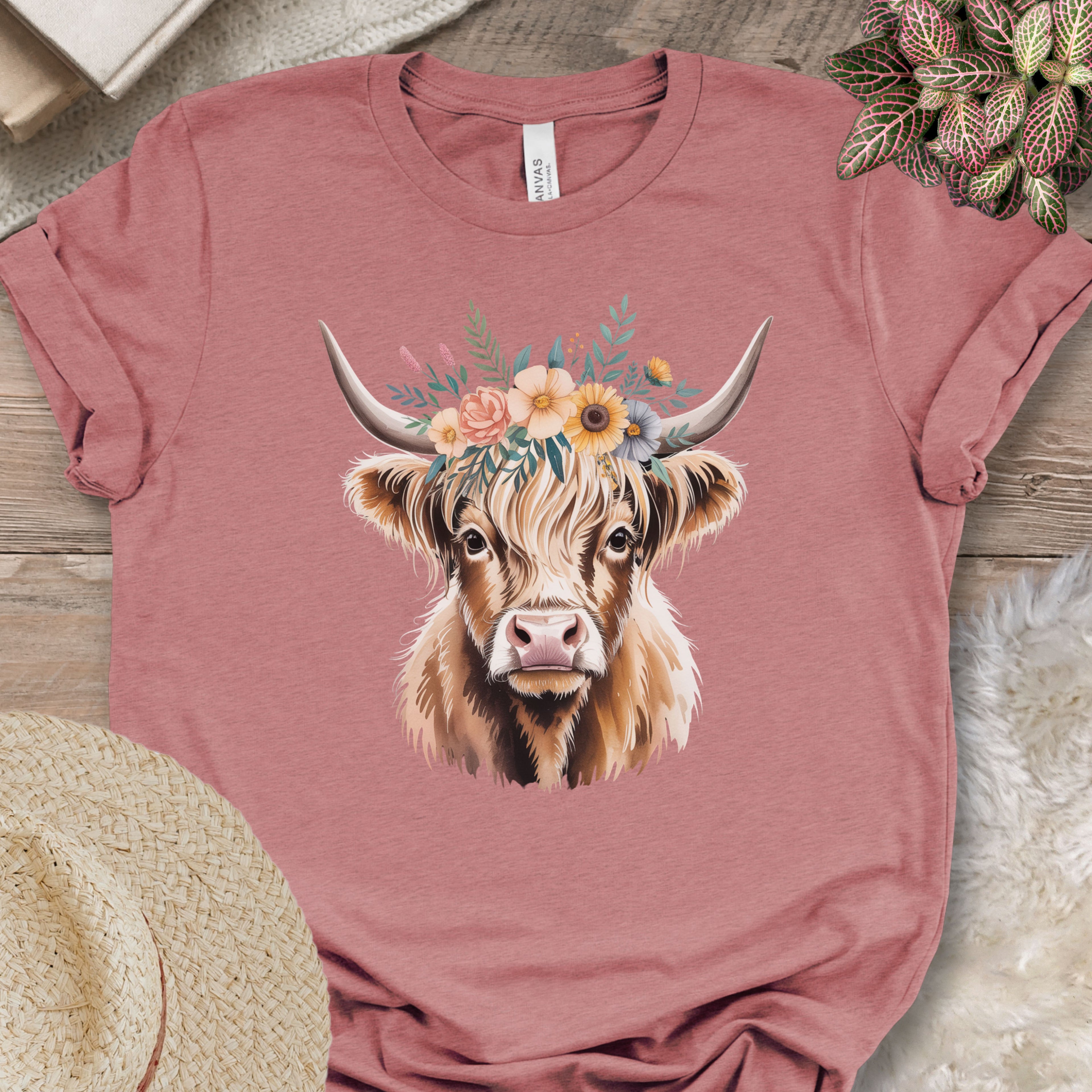 Simple Floral Highland Cow Tee