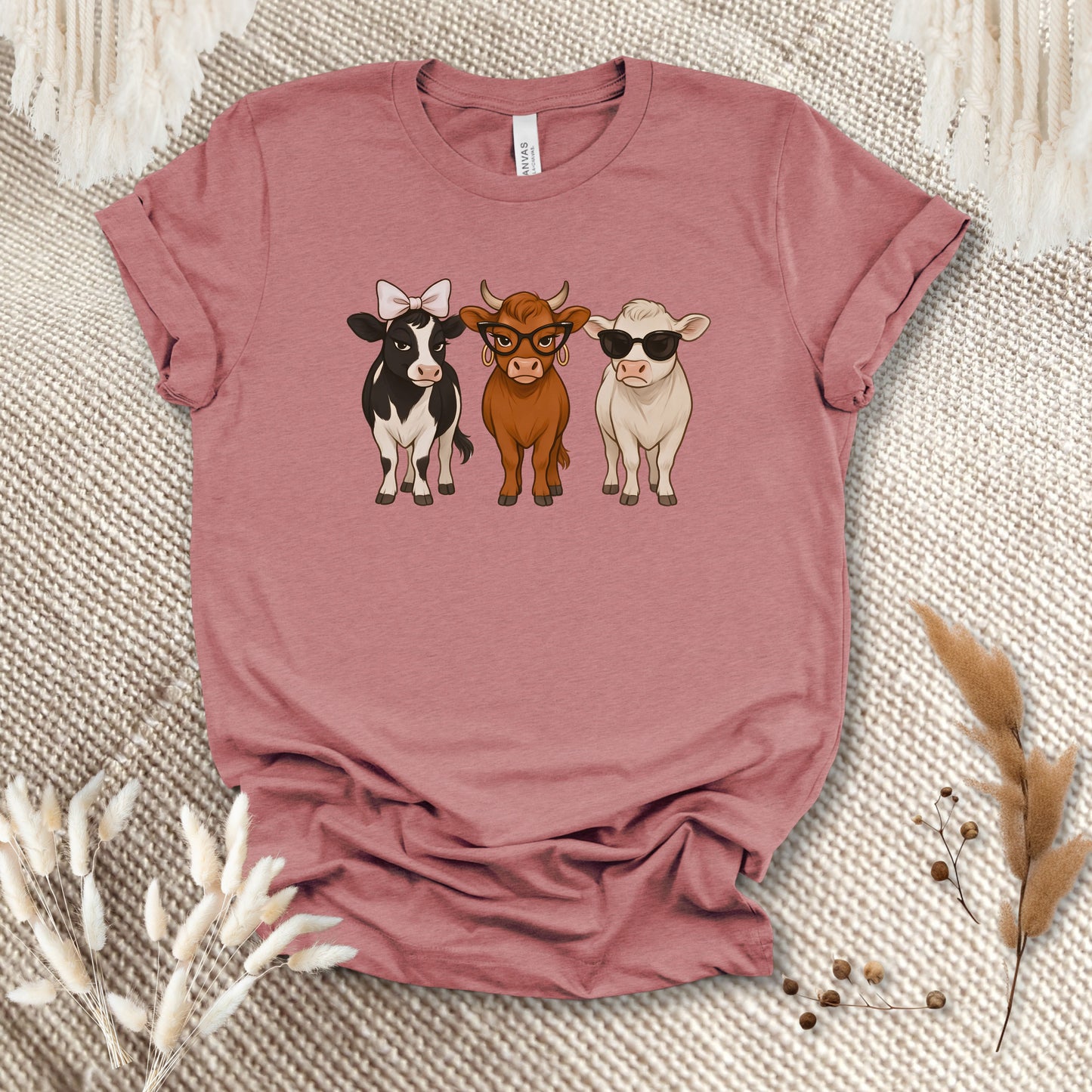 Trendy Cow Trio T-Shirt – Cute Stylish Cows with Bow & Sunglasses Farm Animal Tee