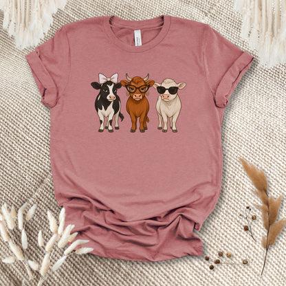 Trendy Cow Trio T-Shirt – Cute Stylish Cows with Bow & Sunglasses Farm Animal Tee
