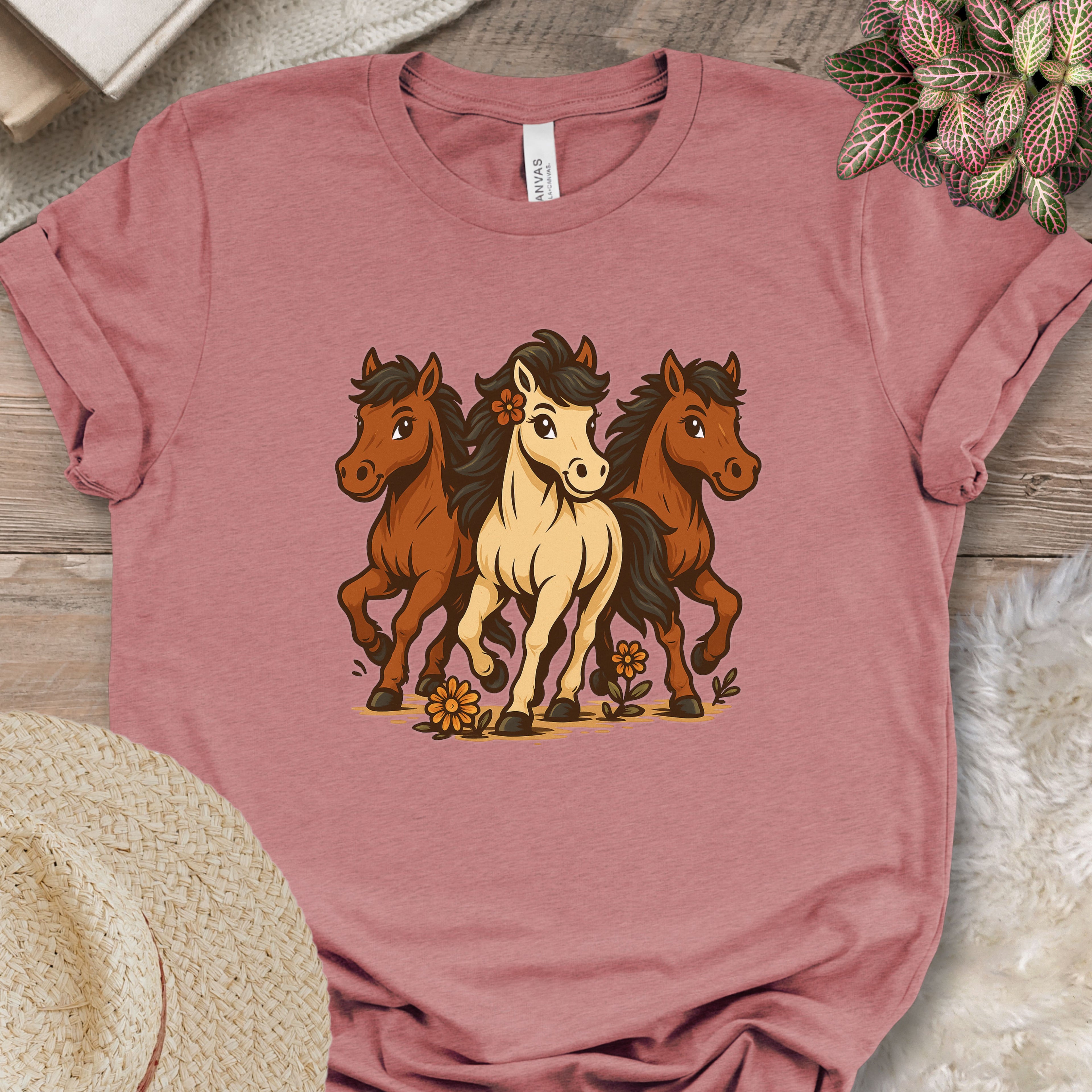 Flower Power Horses Cartoon T-Shirt