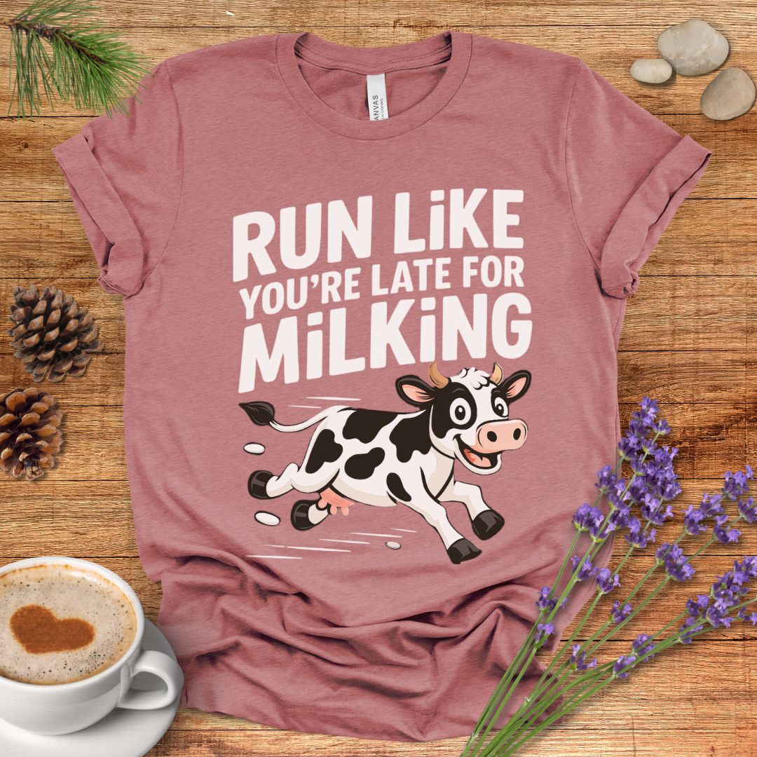 Funny Cow Lover T-Shirt – Run Like You’re Late for Milking Farm Tee for Cow Moms, Farmers & Country Life Fans