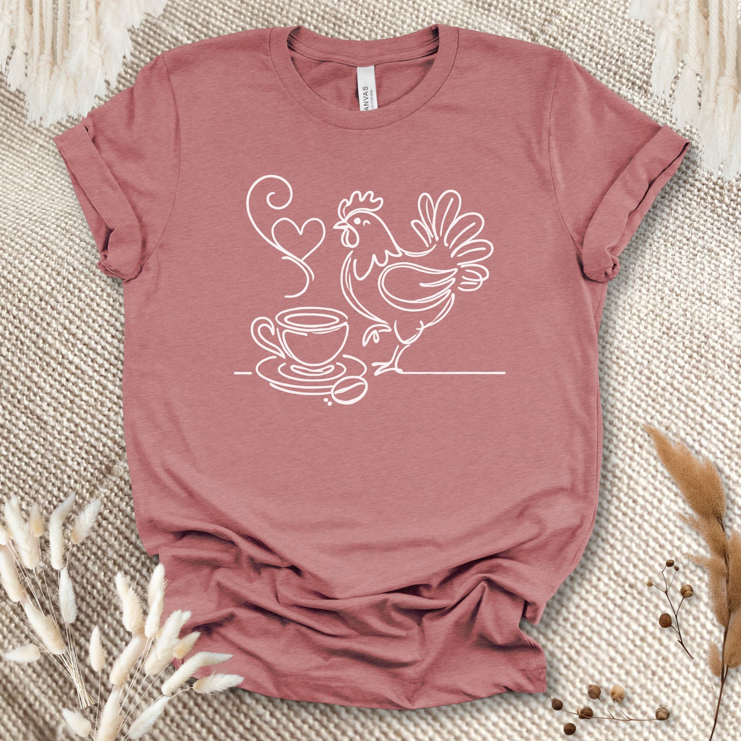 Minimalist Coffee & Chicken Line Art T-Shirt