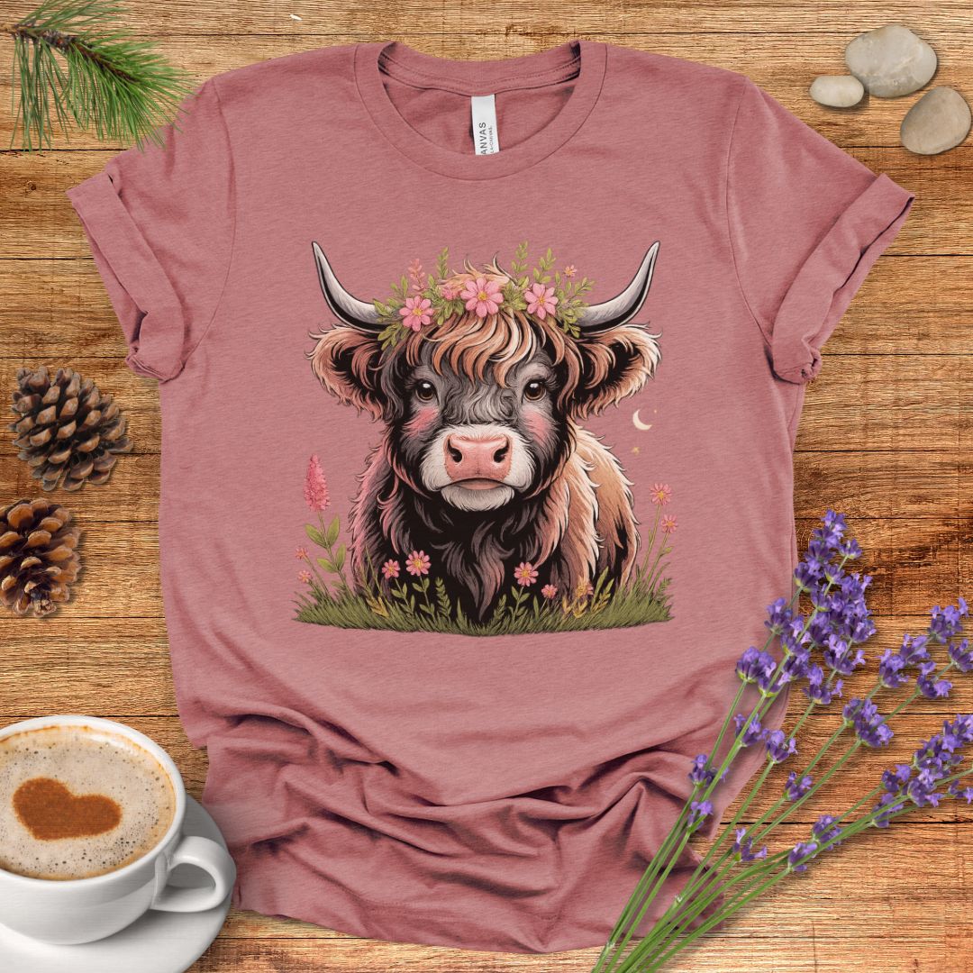 Floral Highland Cow T-Shirt – Boho Farmhouse Graphic Tee for Rustic Country Living & Cow Lovers