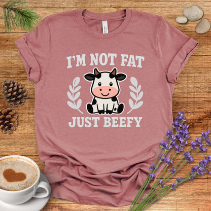 Funny Cow Pun T-Shirt – “I’m Not Fat, Just Beefy” Cartoon Farm Animal Tee for Rustic Country Living