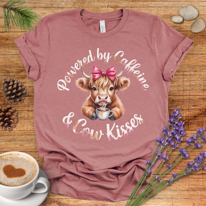 Funny Highland Cow Lover T-Shirt – Powered by Caffeine & Cow Kisses Tee for Cow Moms, Coffee Lovers & Country Life Fans