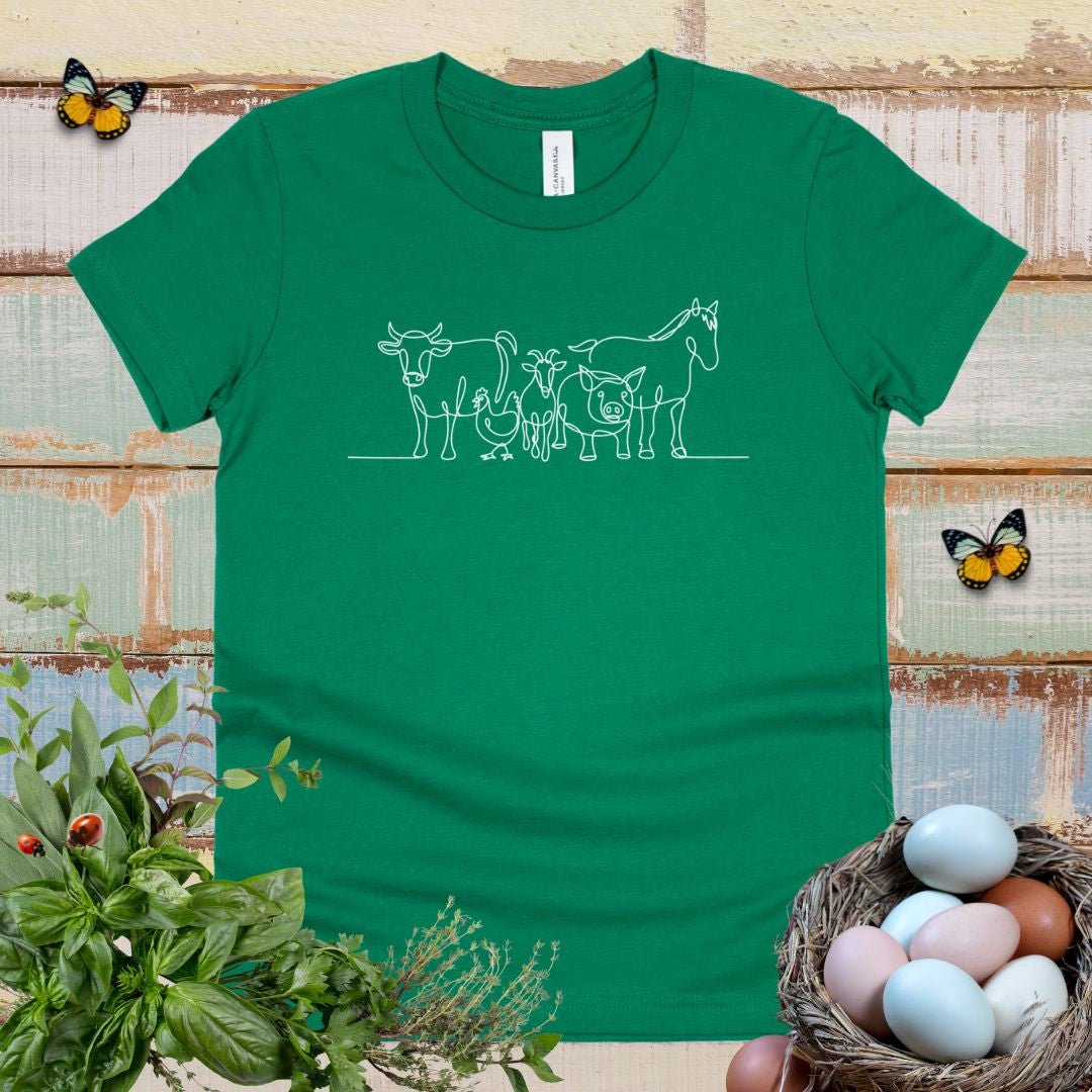 Cute Farm Animals Kids T-Shirt – One Line Art Cow, Chicken, Goat, Pig & Horse Youth Tee