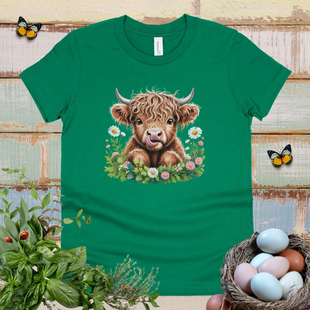 Cute Highland Cow Kids T-Shirt – Adorable Tongue-Out Cow & Wildflower Tee for Little Farm Animal Lovers