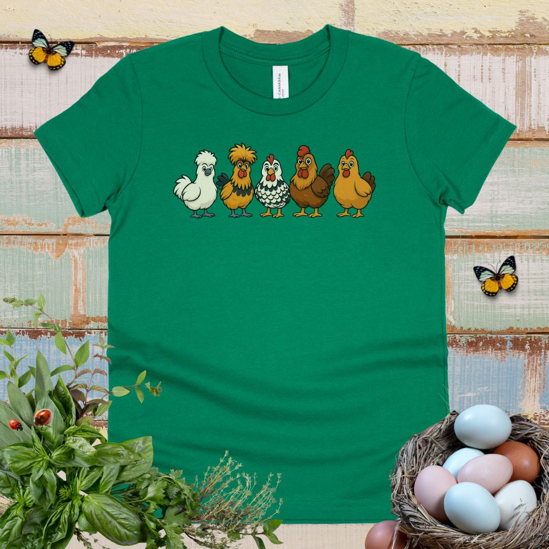 Cute Cartoon Chickens Kids T-Shirt – Farm Chicken Lineup Youth Tee for Animal-Loving Boys & Girls