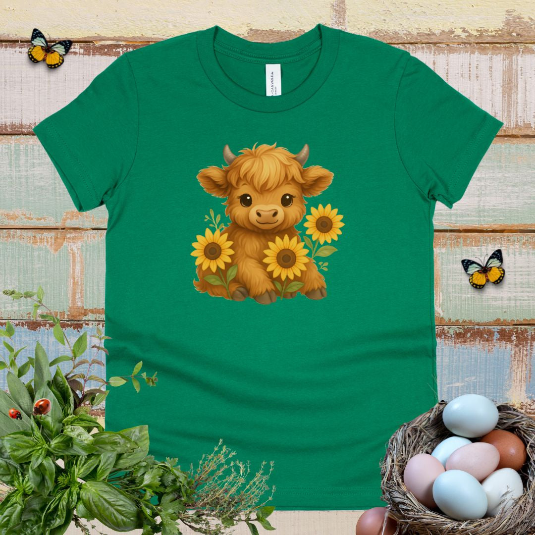 Cute Highland Cow Kids T-Shirt – Sunflower Cow Tee for Little Farm Animal Lovers
