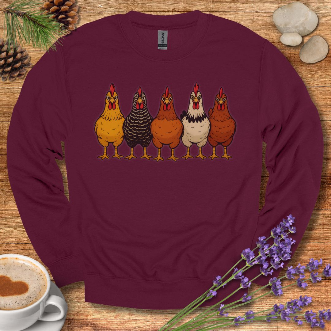 Hen Lineup Chicken Sweatshirt – Colorful Barnyard Pullover for Poultry Lovers & Farmhouse Living