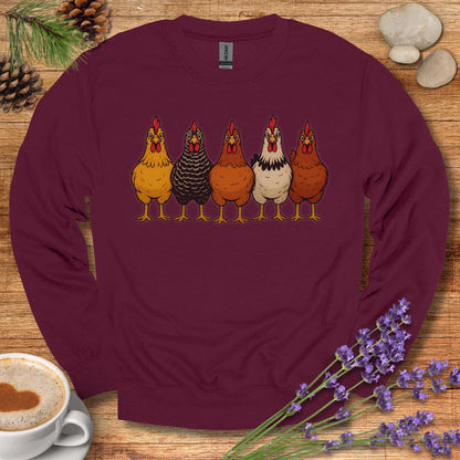 Hen Lineup Chicken Sweatshirt – Colorful Barnyard Pullover for Poultry Lovers & Farmhouse Living