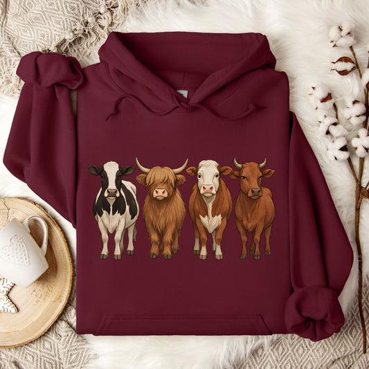 Cow Breed Hoodie – Highland, Holstein & Brown Cow Lineup Pullover for Ranchers & Cow Lovers