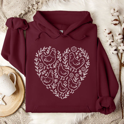 Chicken Lover Hoodie – Cute Heart Floral Chicken Flock Design for Chicken Moms & Backyard Poultry Fans