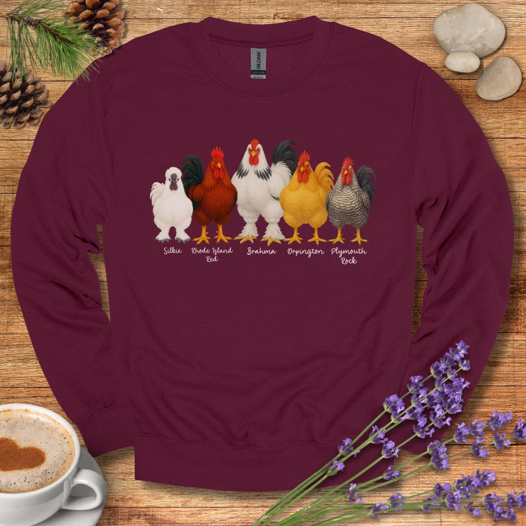 Rooster Lineup Sweatshirt – Silkie, Rhode Island Red, Brahma, Orpington & Plymouth Rock Pullover for Farm Animal Lovers
