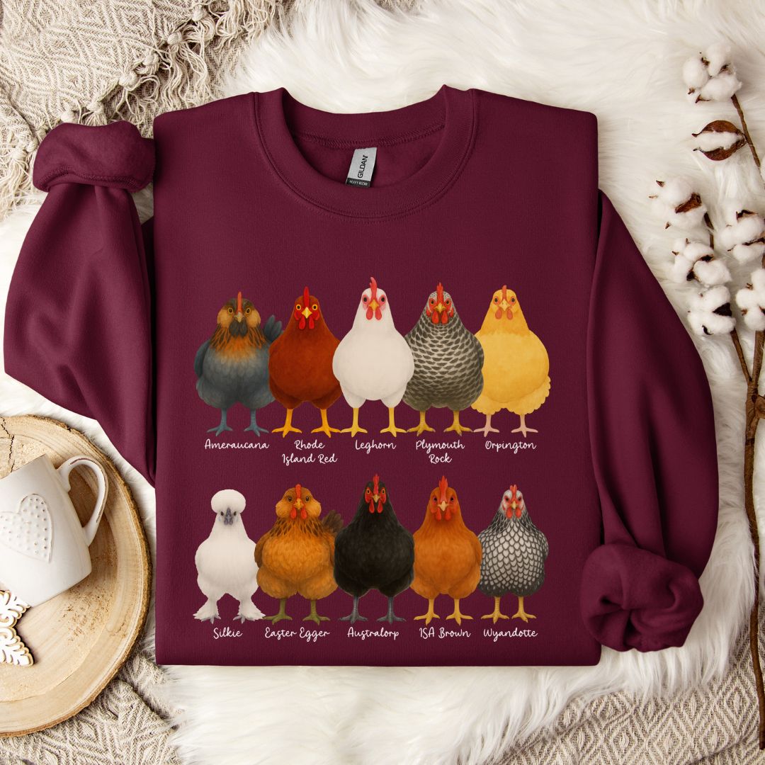 Chicken Breeds Sweatshirt – Farm Animal Pullover with Popular Hen & Rooster Varieties for Chicken Lovers
