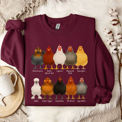 Chicken Breeds Sweatshirt – Farm Animal Pullover with Popular Hen & Rooster Varieties for Chicken Lovers