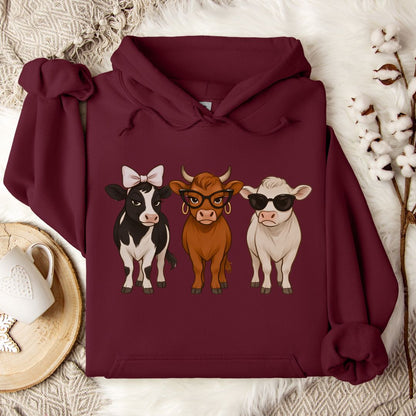 Trendy Cow Lover Hoodie – Cute Stylish Cow Trio Pullover with Bow, Glasses & Sunglasses
