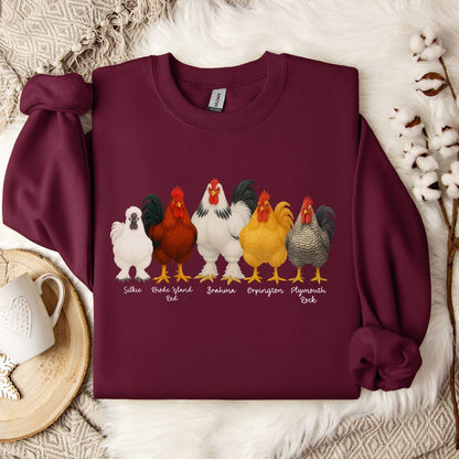 Rooster Lineup Sweatshirt – Silkie, Rhode Island Red, Brahma, Orpington & Plymouth Rock Pullover for Farm Animal Lovers