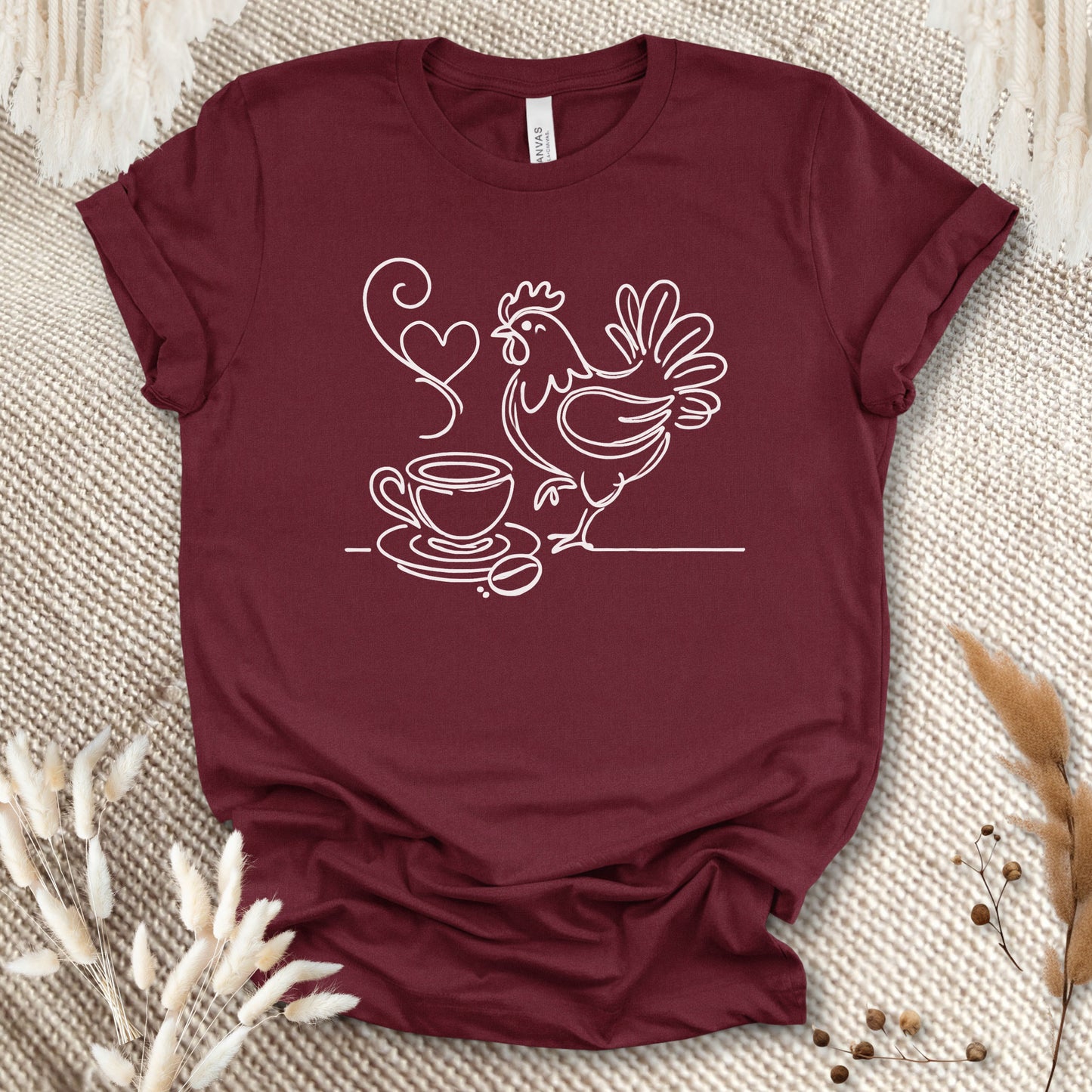 Minimalist Coffee & Chicken Line Art T-Shirt
