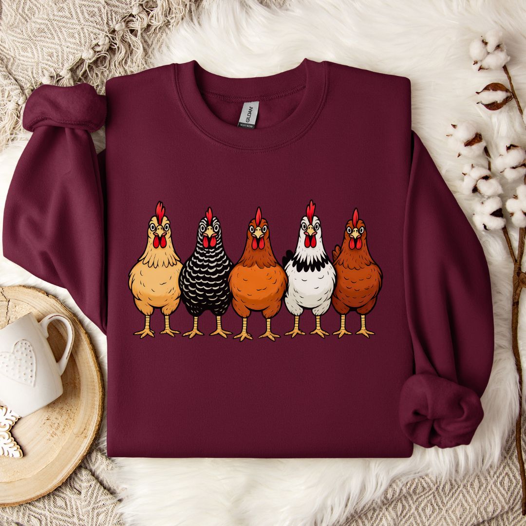 Hen Lineup Chicken Sweatshirt – Colorful Barnyard Pullover for Poultry Lovers & Farmhouse Living