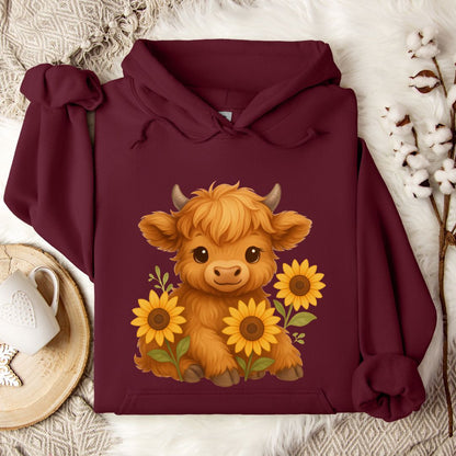 Cute Highland Cow Hoodie – Sunflower Cow Lover Pullover for Farm Girls & Country Style Fans