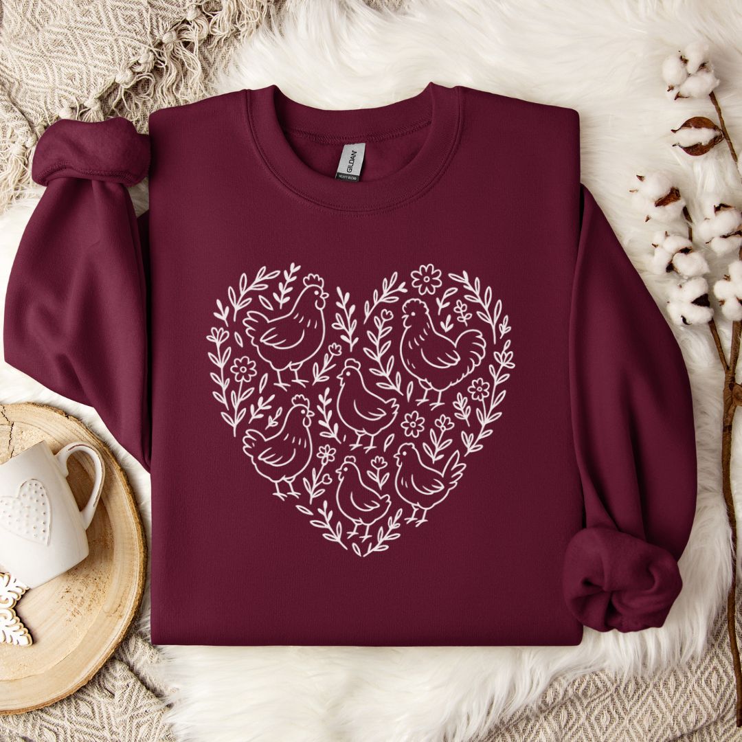 Farmhouse Chicken Sweatshirt – Floral Heart Pullover for Chicken Moms & Country Living Lovers