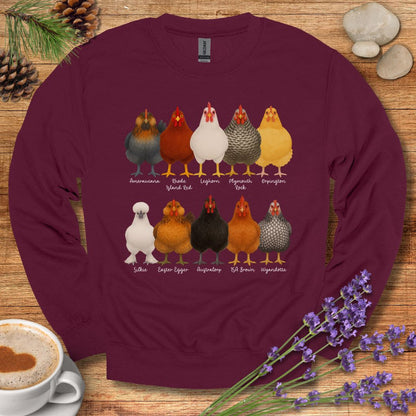 Chicken Breeds Sweatshirt – Farm Animal Pullover with Popular Hen & Rooster Varieties for Chicken Lovers