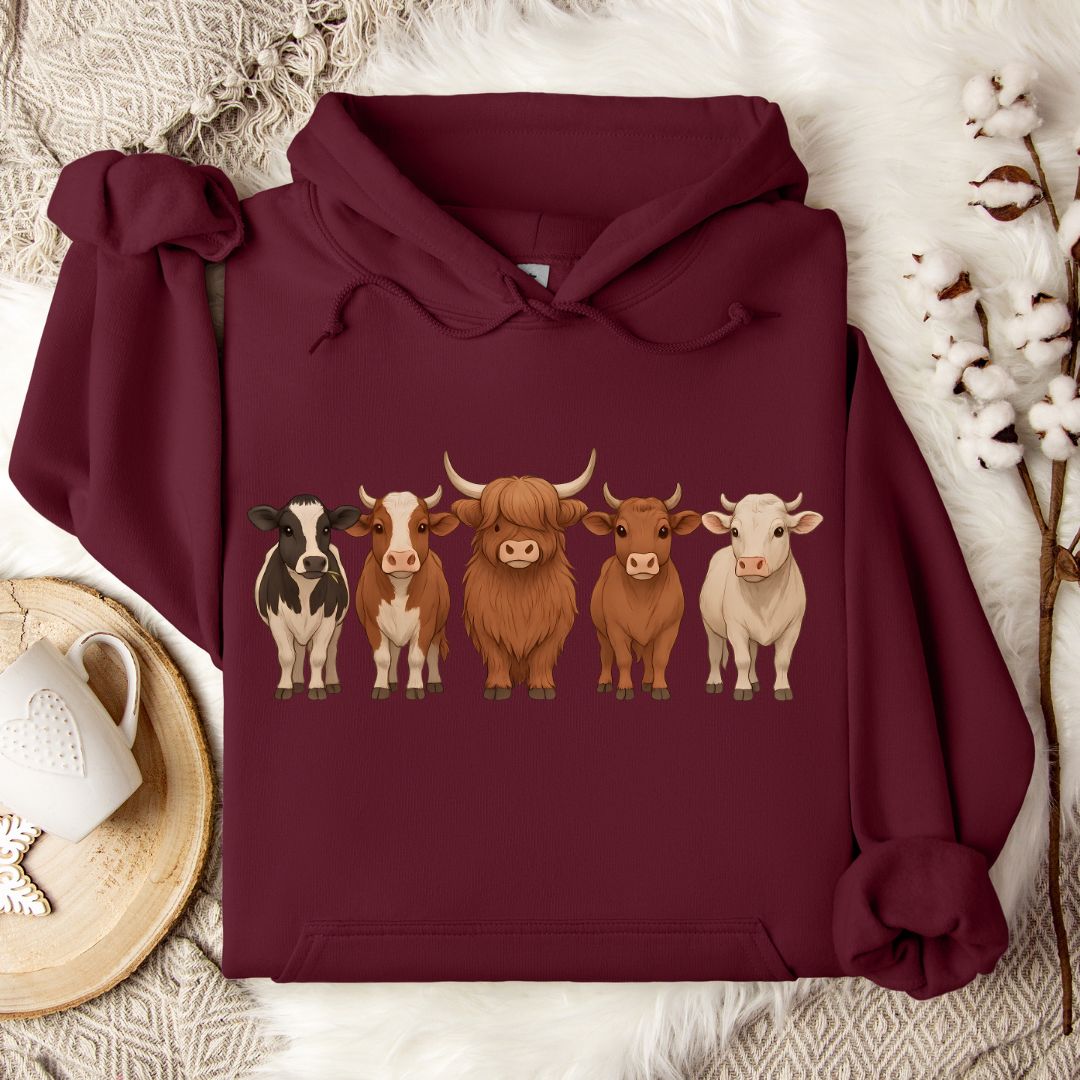 Cow Lover Hoodie – Highland, Holstein & Brown Cow Lineup Pullover for Ranchers & Farm Life Fans