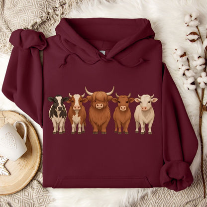 Cow Lover Hoodie – Highland, Holstein & Brown Cow Lineup Pullover for Ranchers & Farm Life Fans