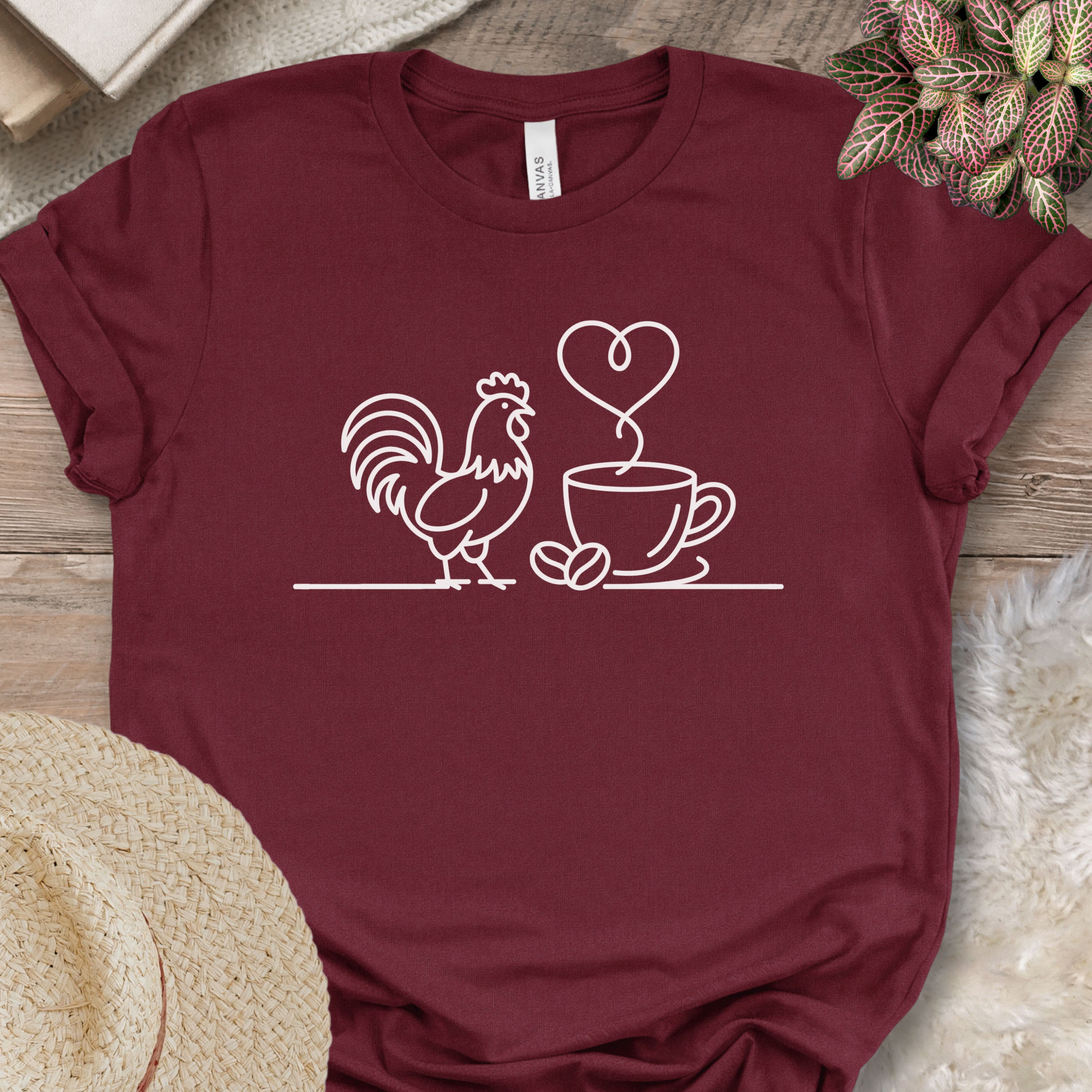 Minimalist Chicken & Coffee Line Art Tee