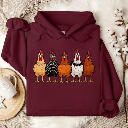 Farm Chickens Hoodie – Colorful Hen Lineup Cozy Unisex Hoodie for Poultry Lovers & Country Living Fans