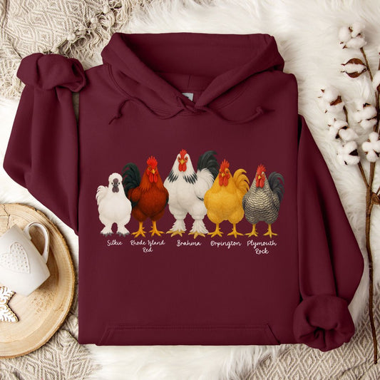 Rooster Breed Hoodie – Silkie, Rhode Island Red, Brahma & Orpington Chicken Lover Pullover