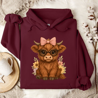 Cute Highland Cow Hoodie – Floral Cow with Glasses & Bow Pullover for Cow Moms & Farm Girls