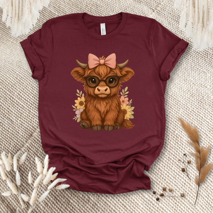 Cute Highland Cow T-Shirt – Floral Cow with Glasses Tee for Cow Lovers
