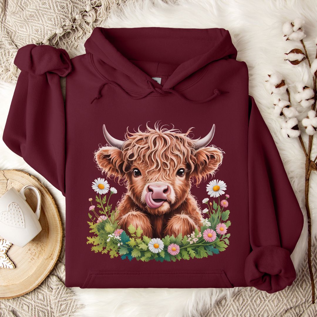 Highland Cow Hoodie – Cute Tongue-Out Cow & Wildflower Pullover for Farm Girls & Cow Lovers