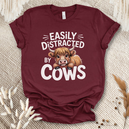 Easily Distracted by Cows T-Shirt – Funny Farm Animal Tee with Rustic Highland Cow Design
